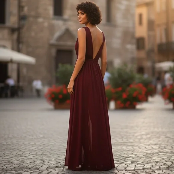 Windsor Burgundy Chiffon Maxi Dress Deep V Slit Formal Gown Size Medium NWT - Picture 3 of 15